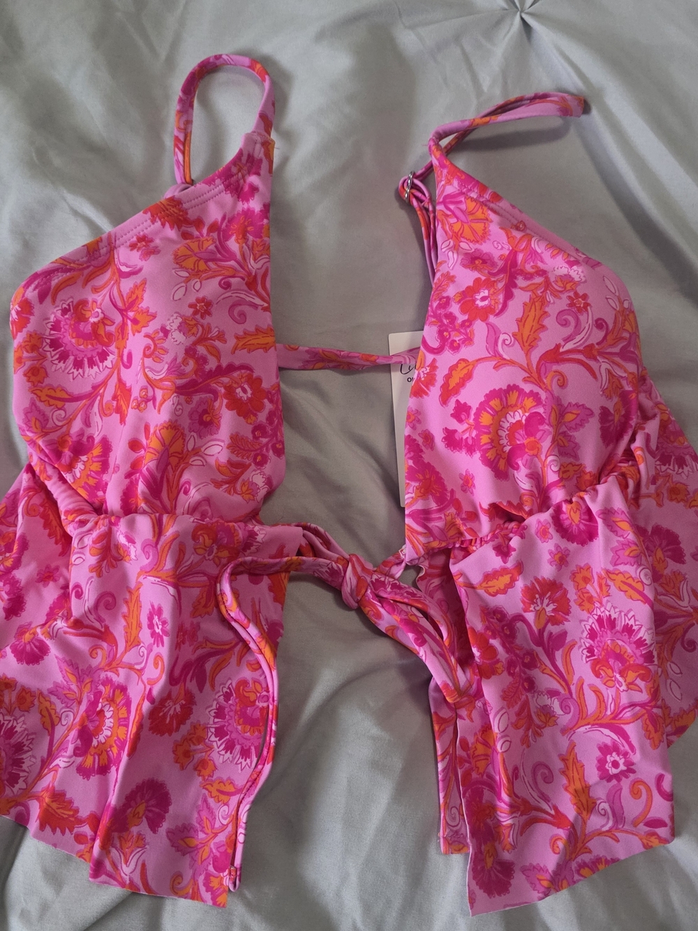 Lilly Pulitzer Pink Floral Tie-Front Swim Top with Orange Accents